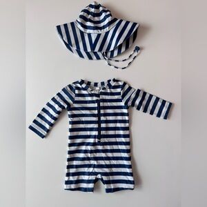Navy and White Striped Baby Rash Guard Romper with Matching Hat, 0-3 mo